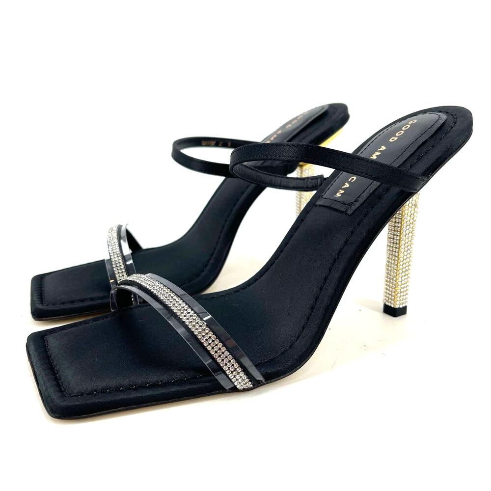 Good American Open Square Toe Rhinestone Strappy Heels Black Satin Size 9 NIB - Picture 5 of 8